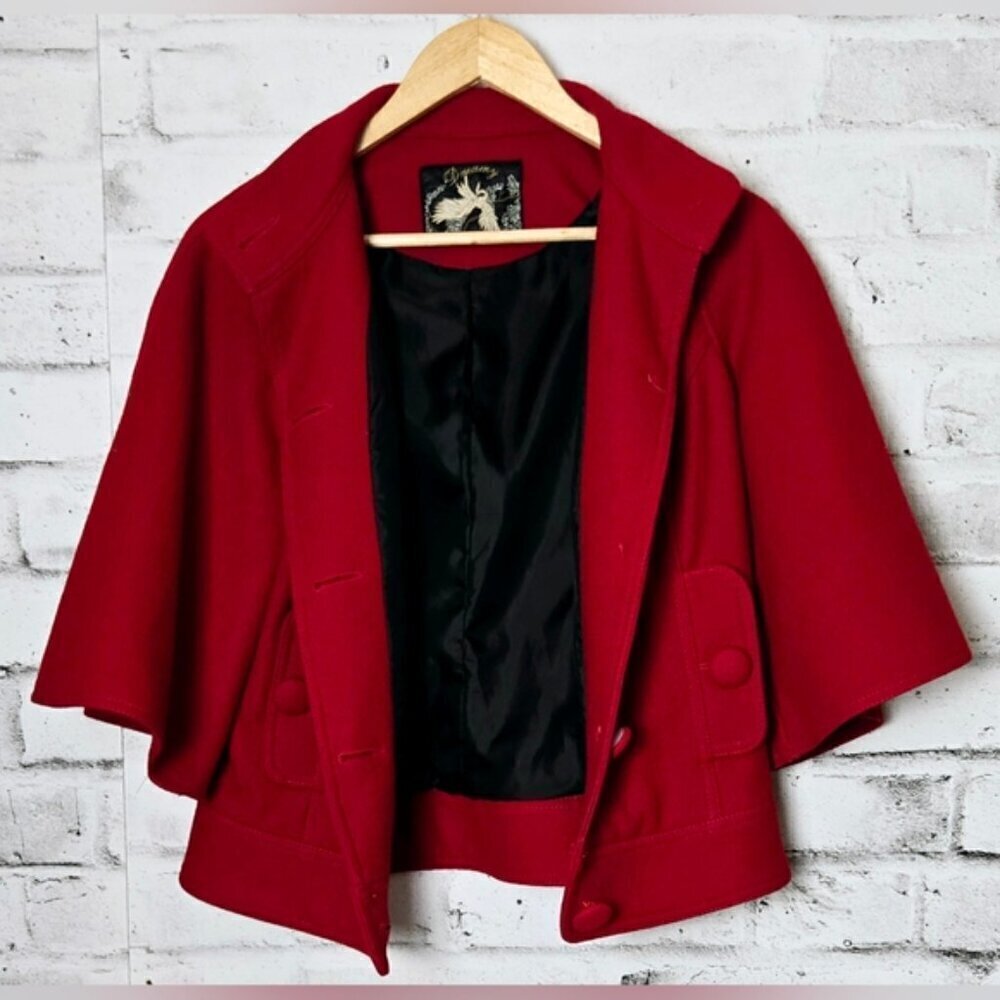 Dreamy Red Wool Pea Coat with Flare ¾ Sleeves - Picture 7 of 13